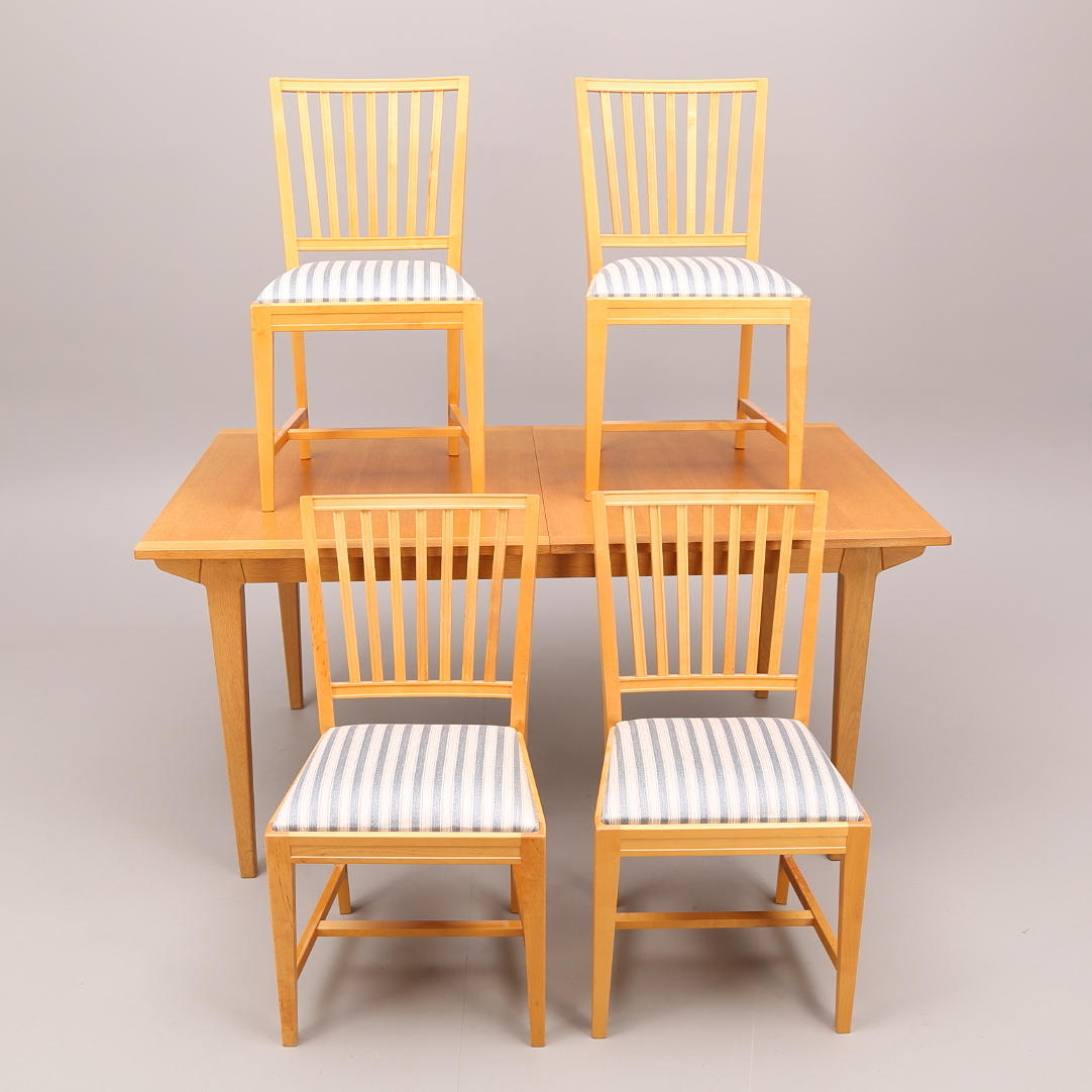 MATSALSGRUPP, 5 delar, ek & björk, sent 1900-tal: bord + 4 stolar.