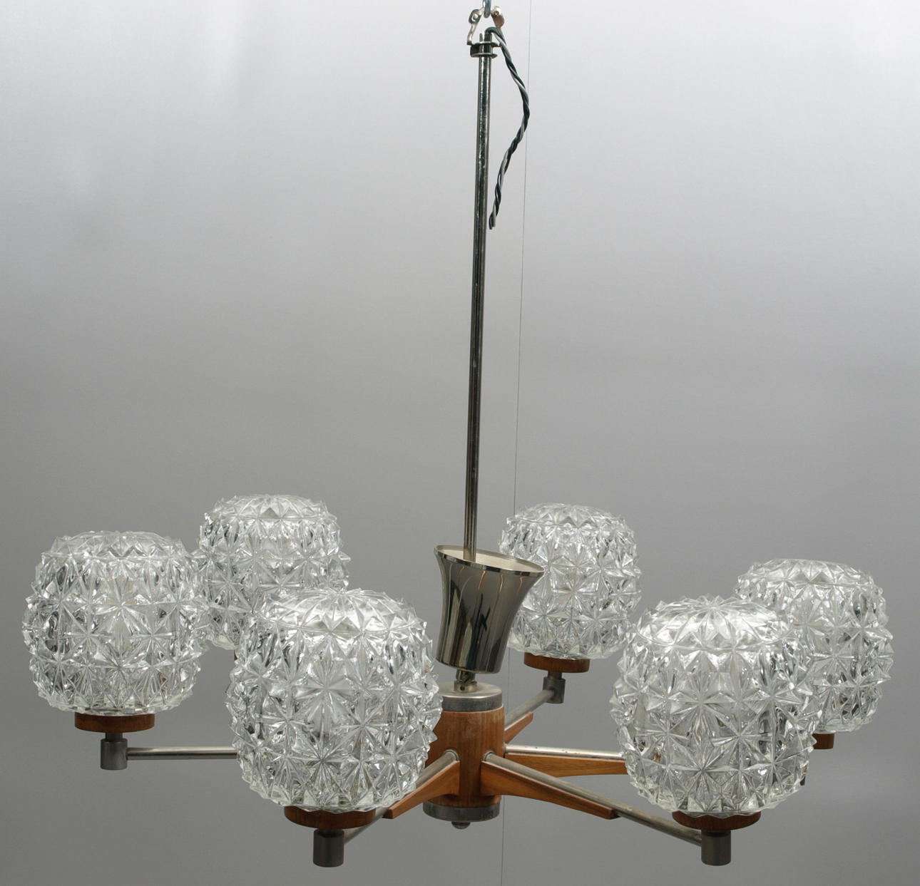 TAKLAMPA, teak och glas, 6-armad.