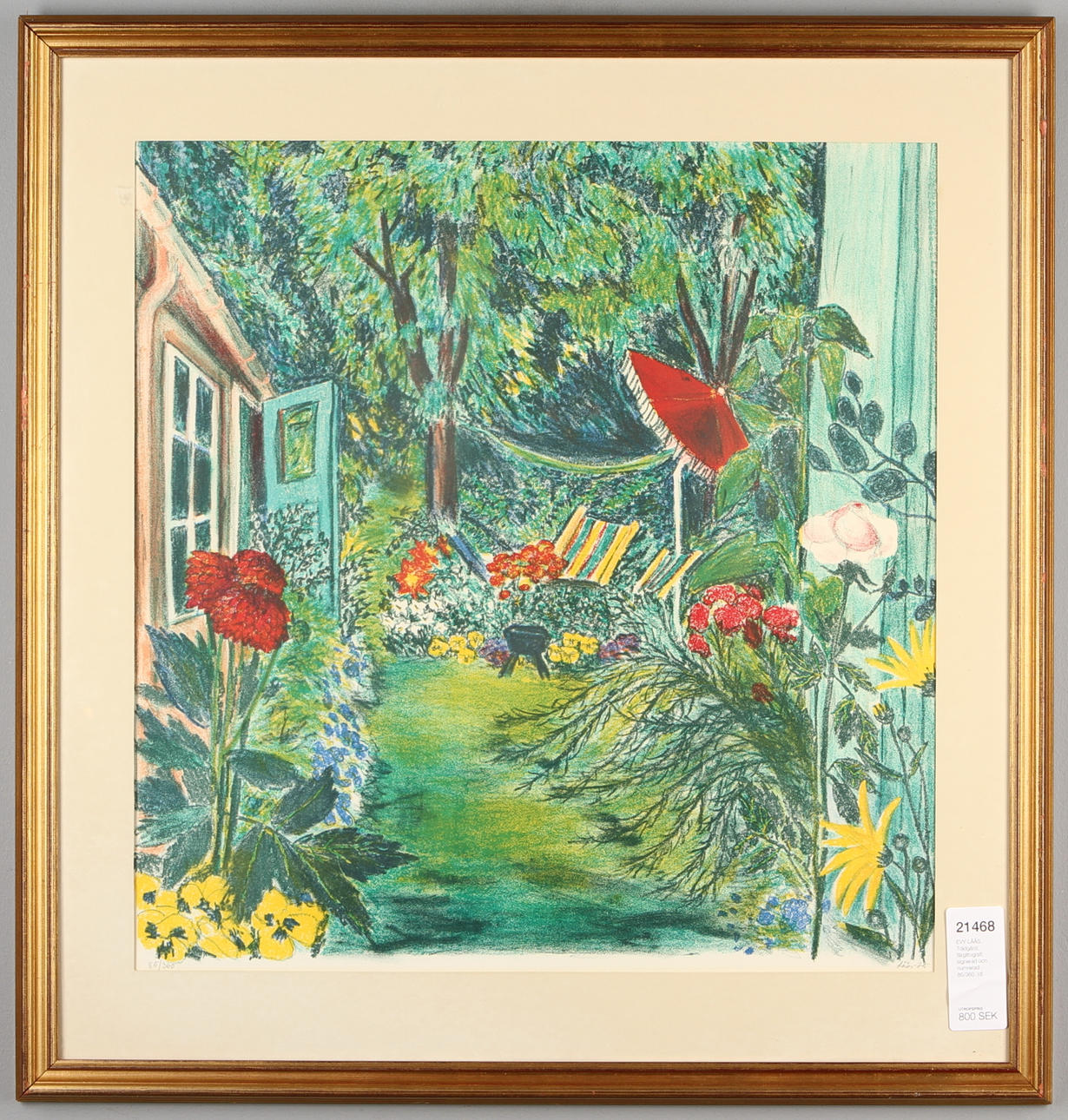 EVY LÅÅS. Trädgård, färglitografi, signerad och numrerad 85/360.