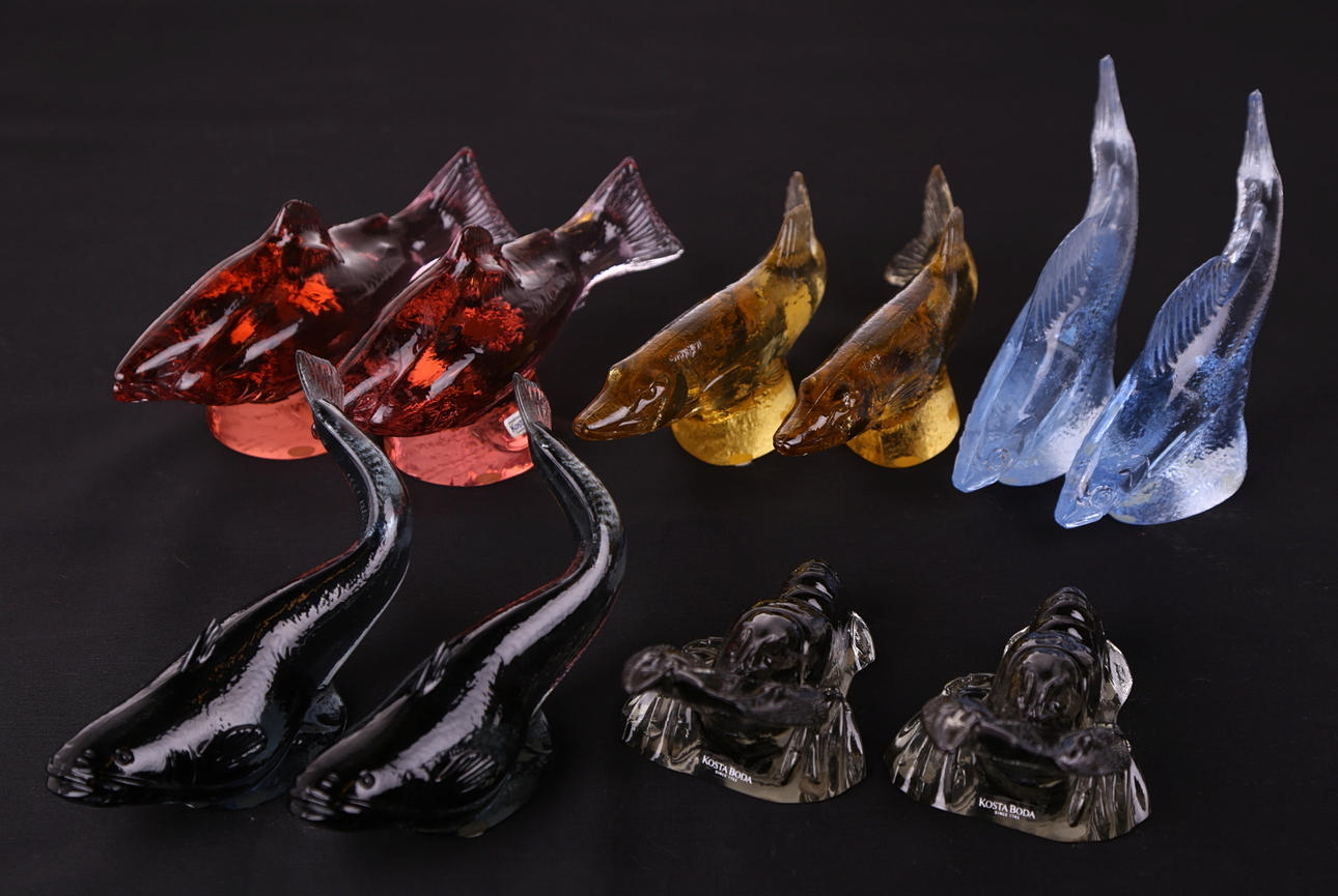 FIGURINER, 5 par = 10 st, glasdjur fiskar, WWF - Svenskt Glas, 1981 - 1990.