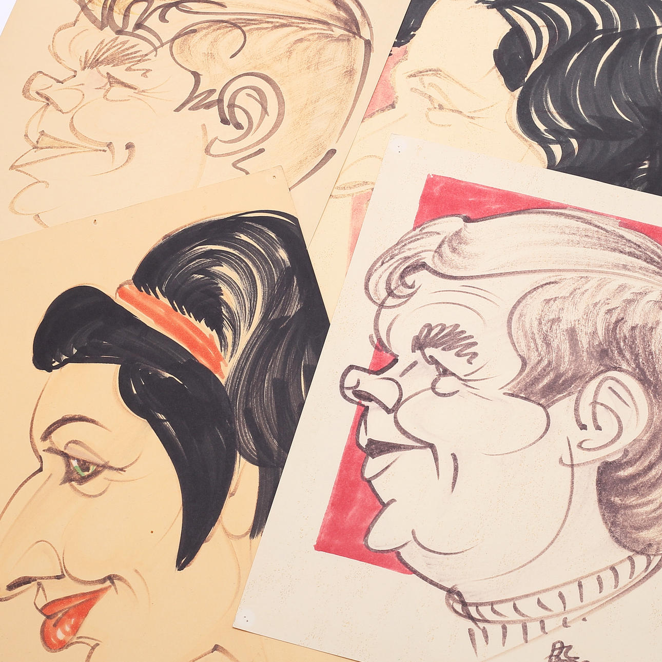 AL BERGSTRÖM. Karikatyrer, 4 st, 1970-tal.