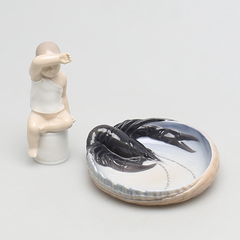 ASKFAT samt FIGURIN. Porslin. Royal Copenhagen. Denmark.