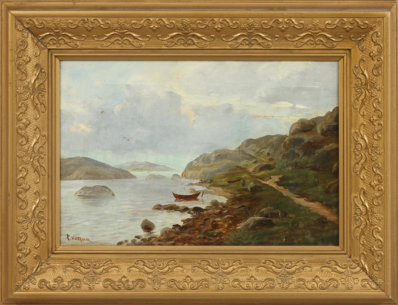 OIDENTIFIERAD KONSTNÄR. Kustbild med eka, olja på pannå, signerad.