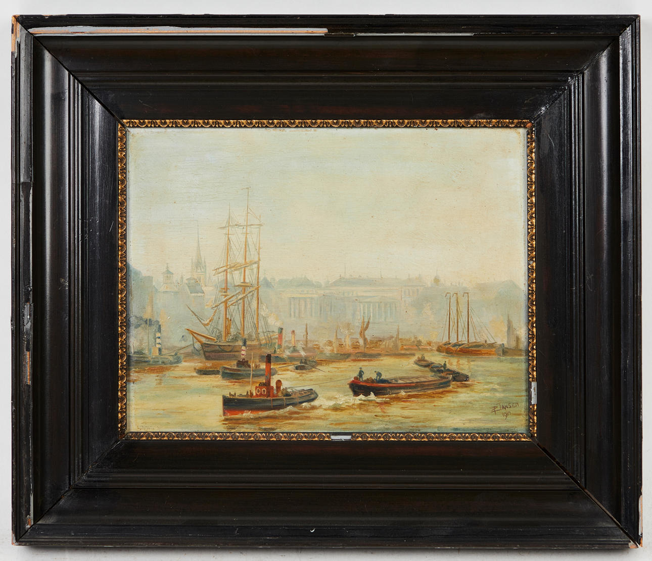 P. JANSEN. Painting, harbor scene, 1910.