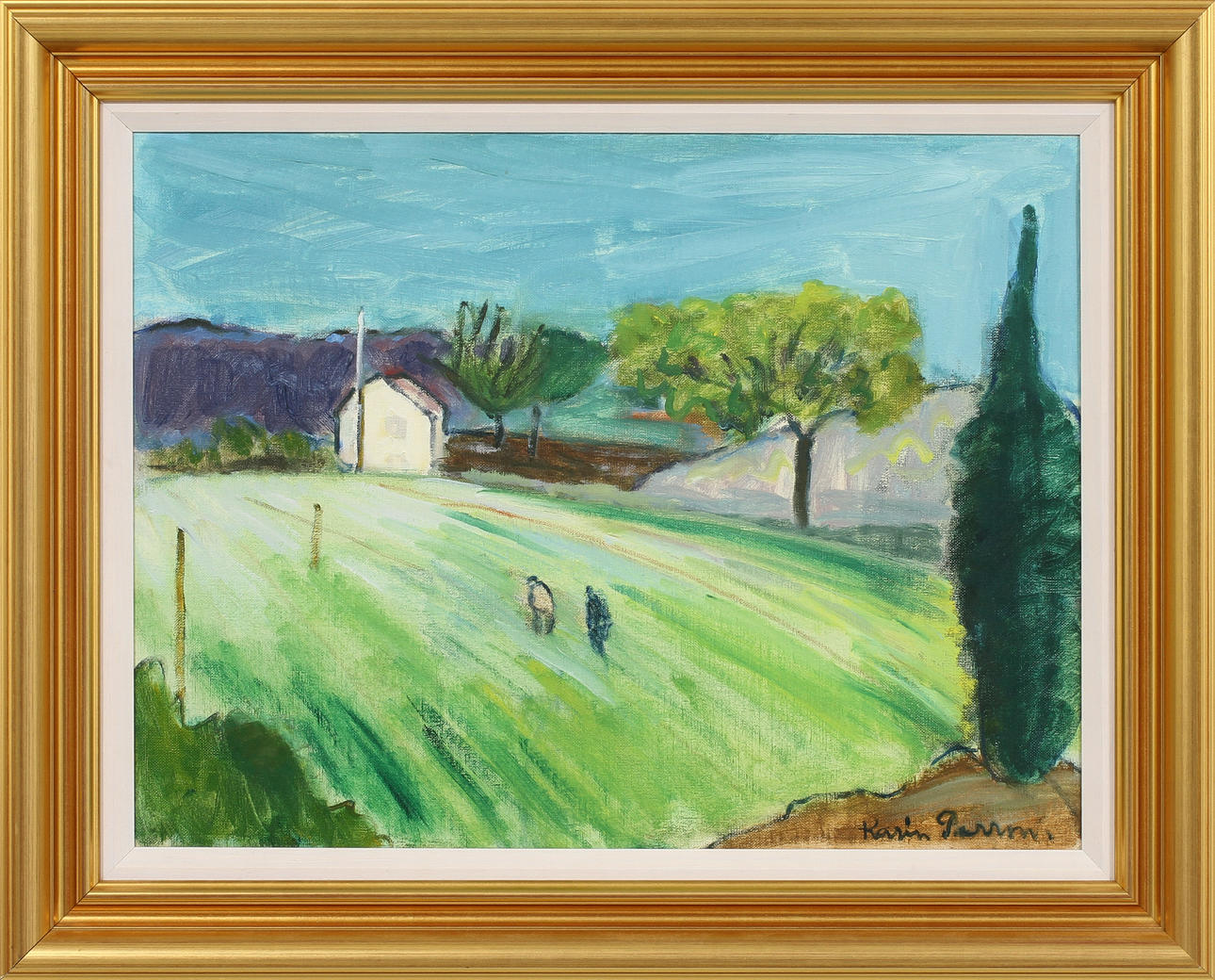 KARIN PARROW. Vitt hus i bohuslänskt landskap. Olja på duk, signerad.