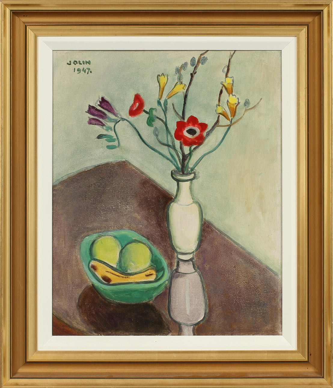EINAR JOLIN. Stilleben med blommor i vas och frukter i skål. Olja på duk, signerad och daterad 1947.