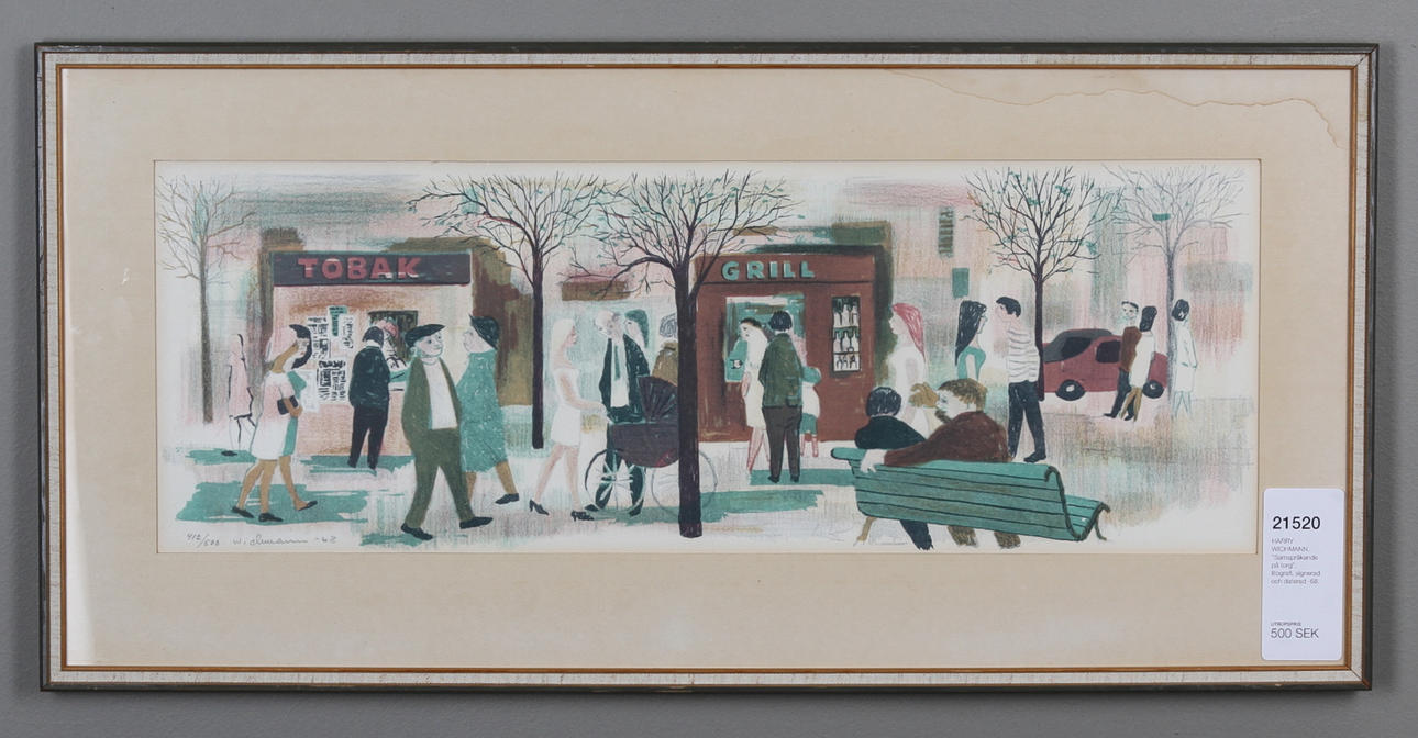 HARRY WICHMANN. "Samspråkande på torg", litografi, signerad och daterad -68.