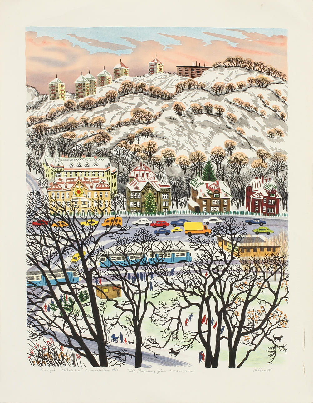 MONA HUSS WALIN. "Hotade hus", Linneplatsen 1981, färglitografi signerad, provtryck.