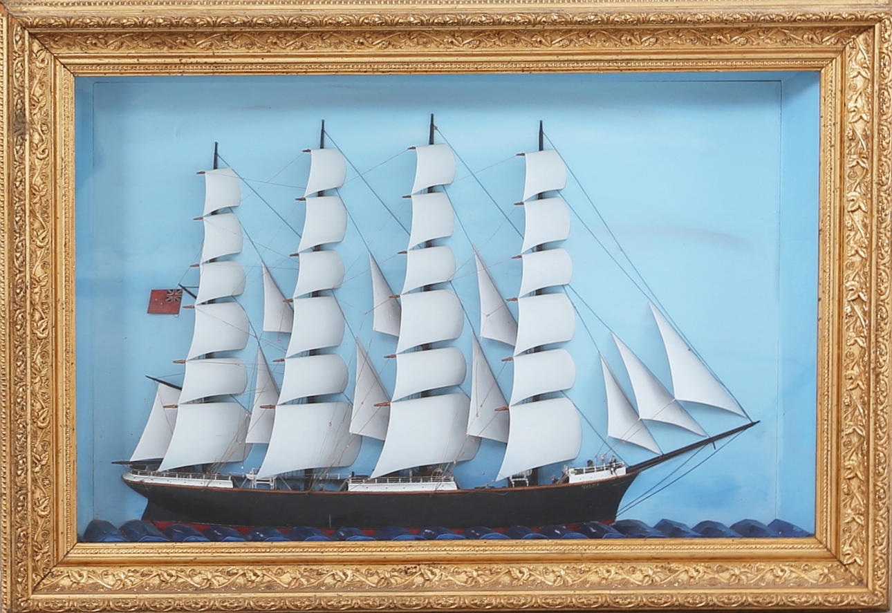 SKEPPSMODELL, halvbåt, "fullriggare Helga", 18/1900-tal.