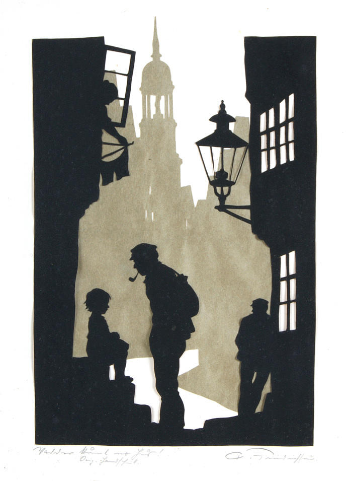 FRIEDRICHSEN, PAUL. ”Vadder Kummt ingen Huus.” papper cut/papper 28,8 x 20,2 cm R. u. tecken.: P. Friedrichsen. L. u. lead-titled. Inramad under glas.