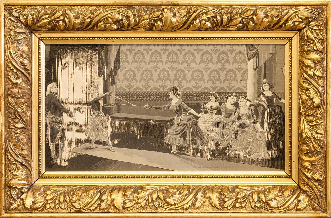 UNBEKANNTER SEIDENKÜNSTLER. Rococo damer på fäktning turnering.