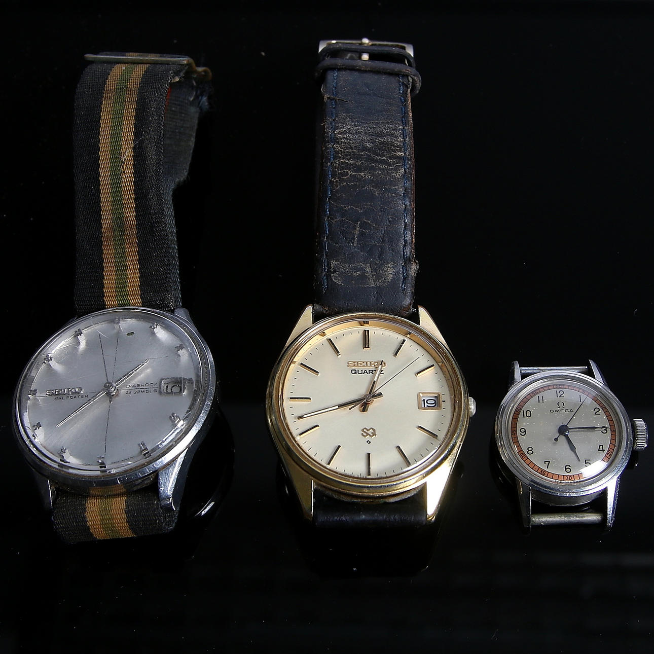 ARMBANDSUR, 3 st, Omega. Seiko, Selfdater, Quartz 8222 Japan.