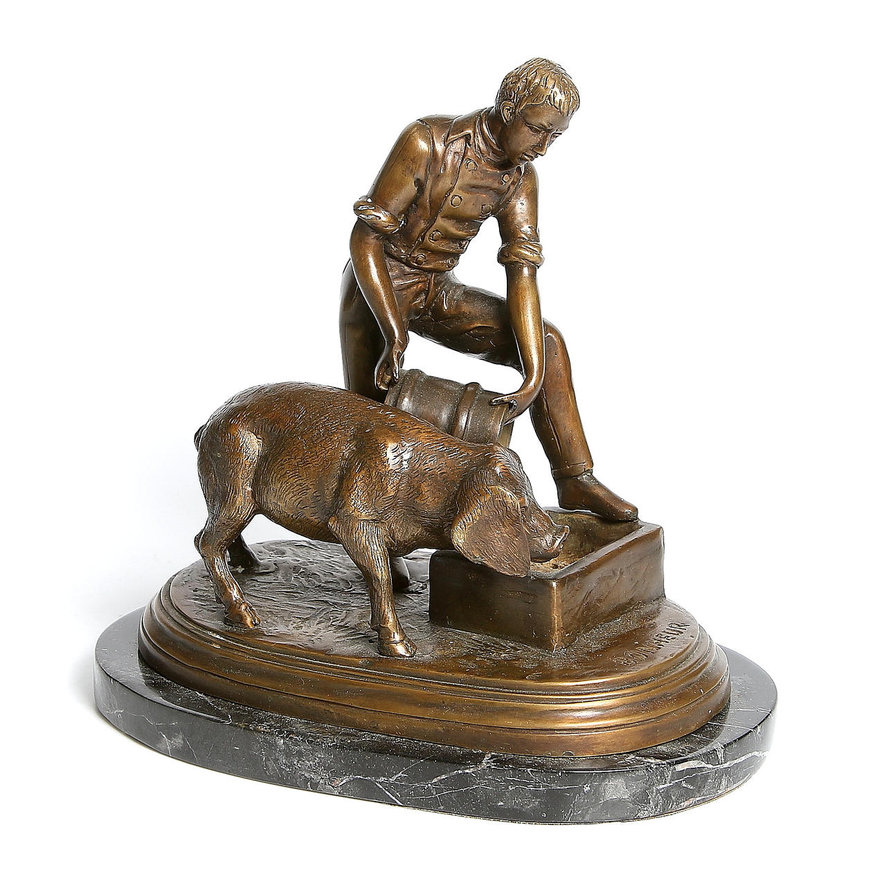 ISIDORE JULES BONHEUR. Skulptur, brons på marmorsockel, "A farmer feeding a pig", 1800-talets slut.