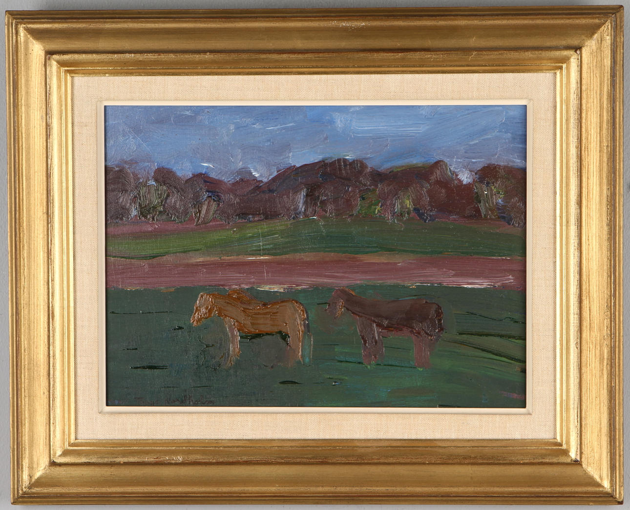 THAGE NORDHOLM. Landskap med hästar, olja på pannå, signerad.