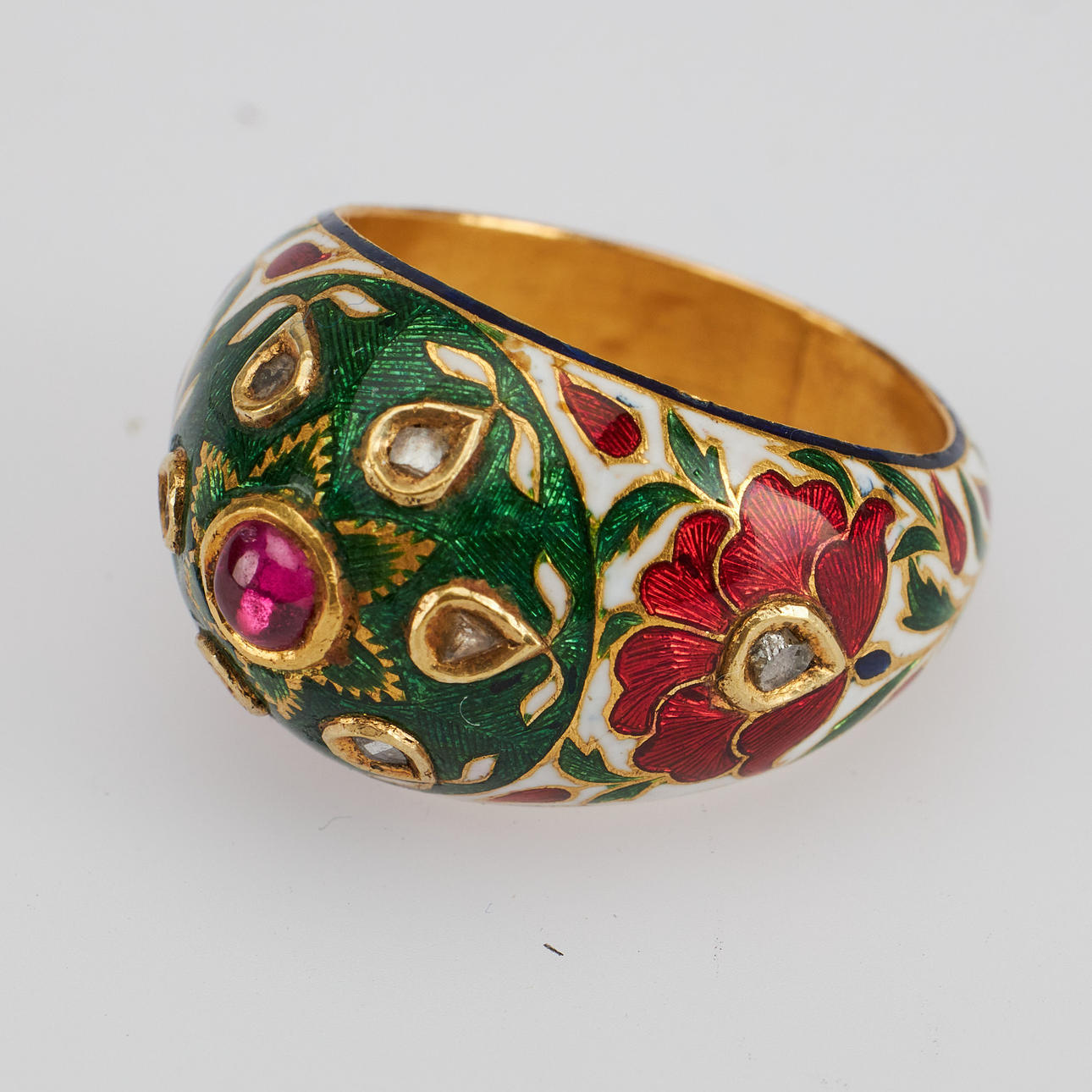 RING, Gold, Emaille, Rubin, Diamanten, Indien.