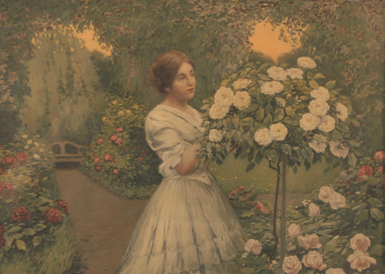 TAVLA, kvinna i trädgård, äldre tryck.