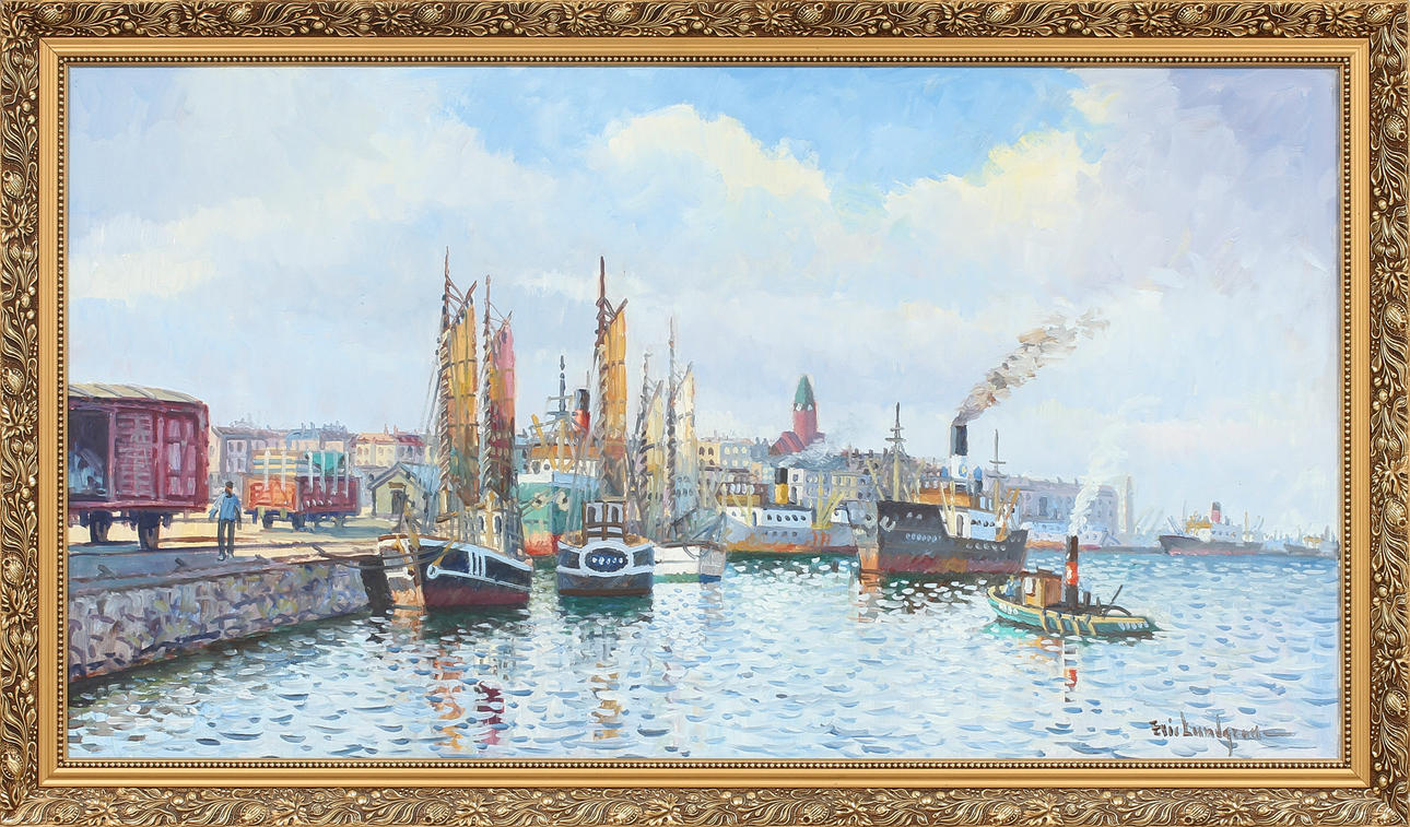 ERIC LUNDGREN. Göteborgs hamn. Olja på duk, signerad.