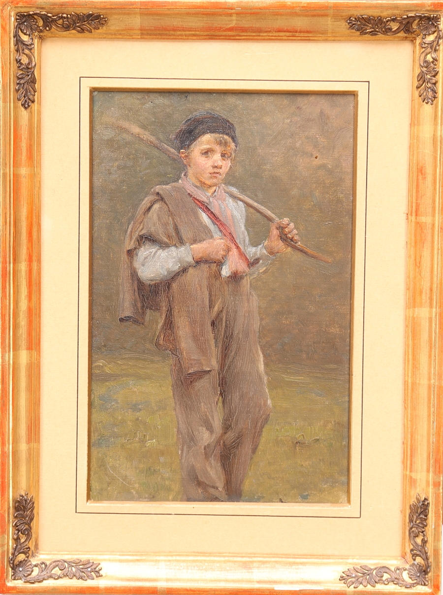 OIDENTIFIERAD KONSTNÄR. olja på duk/papp, osignerad, tidigt 1900-tal, Vandrande pojke.