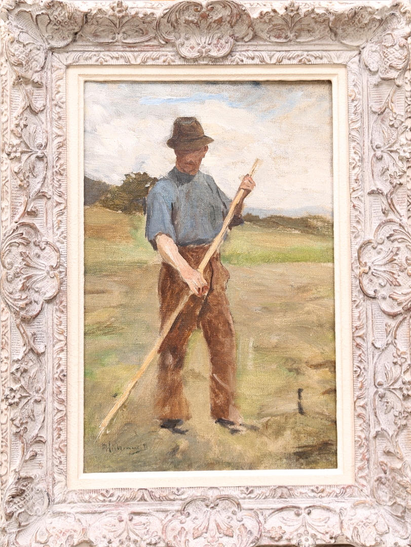 OIDENTIFIERAD KONSTNÄR. olja på duk, signerad Wickerman -82, daterad 1882, Man med kratta.