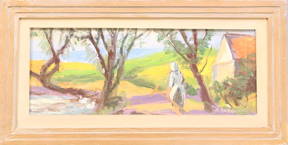 ALOIS MORAVEC. olja på pannå, signerad och daterad A.Moravec -73, daterad 1973, "Na pole".