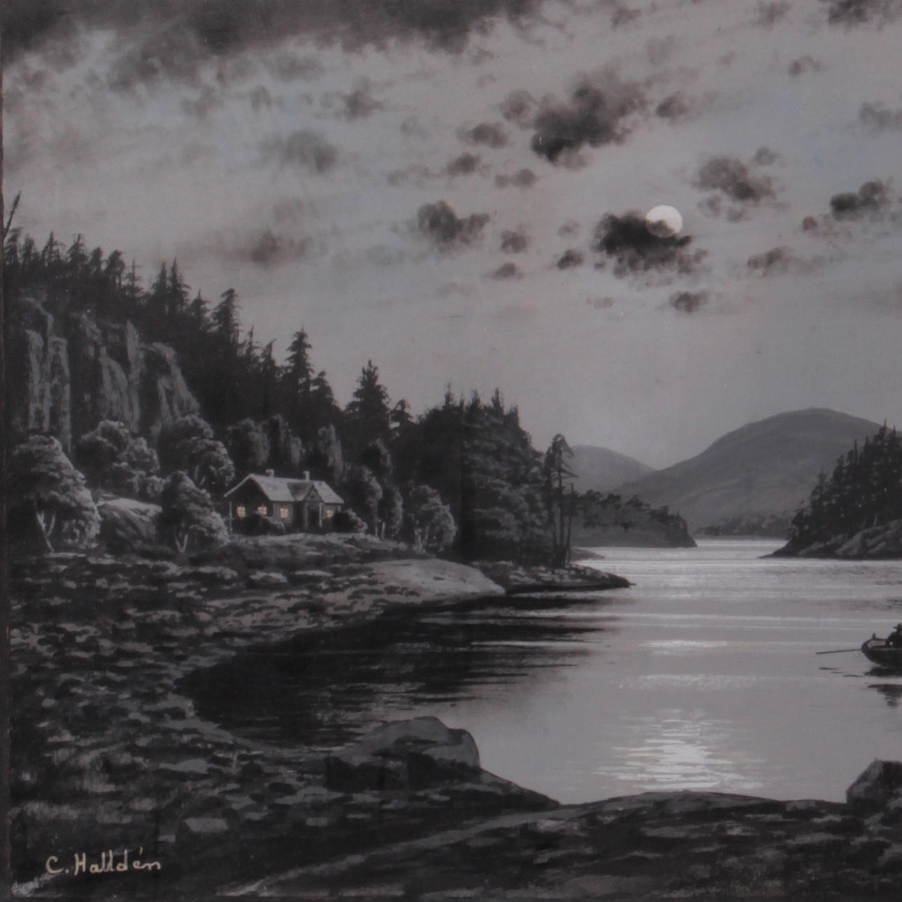 OIDENTIFIERAD KONSTNÄR. Pastell, Insjö på mörkrets timmar, signerad C Halldén.