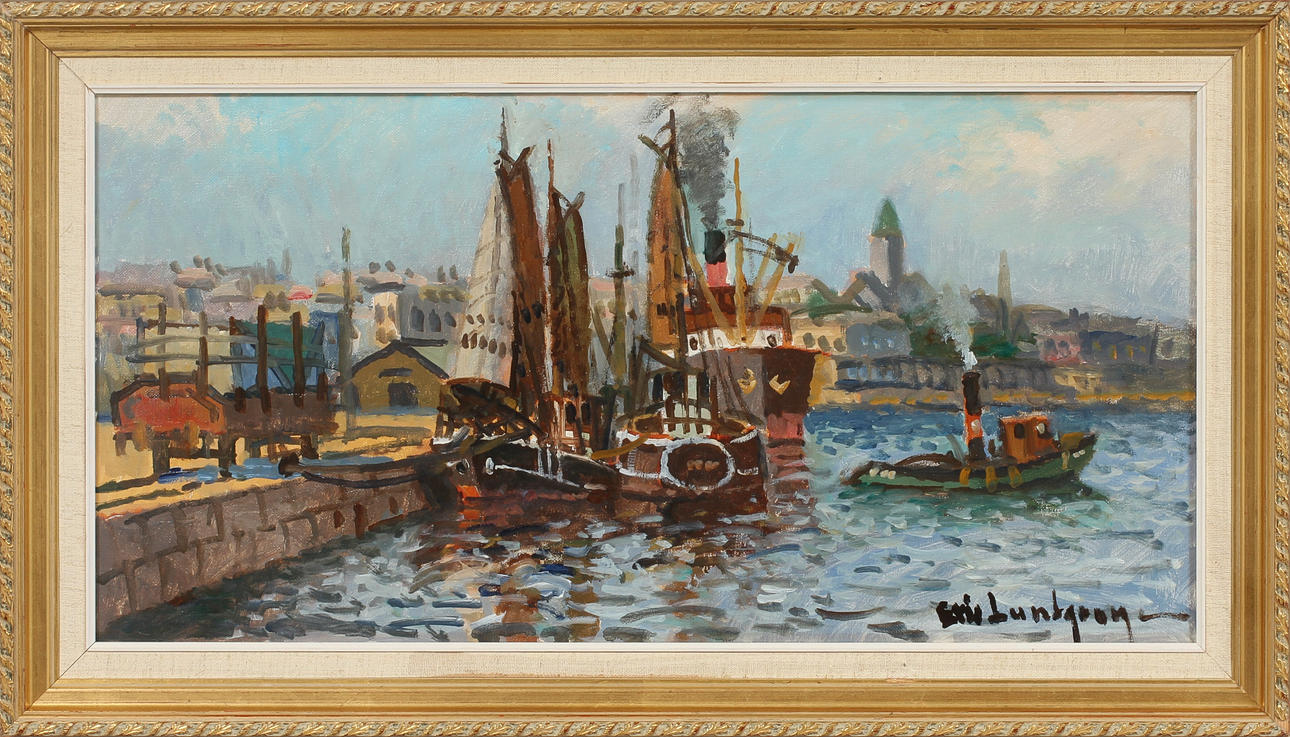 ERIK LUNDGREN. Hamnmotiv, Olja på duk. Signerad.