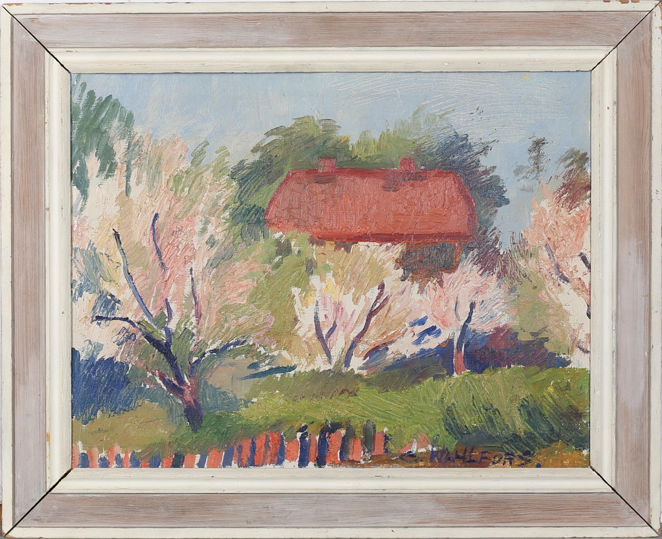 GUNNEL WAHLFORS. Motiv med hus och trädgård. Olja på duk, signerad G. Wahlfors.