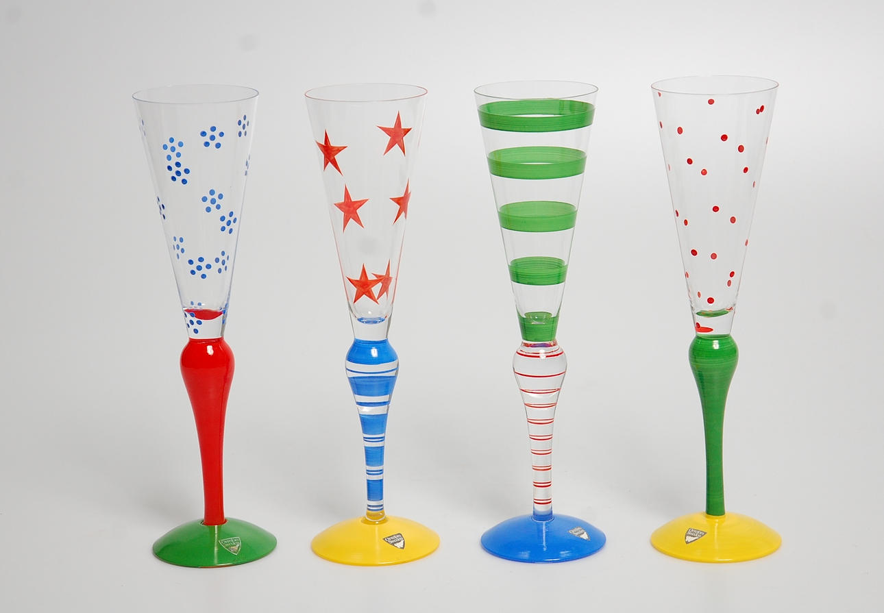 CHAMPAGNEGLAS, 4 st, " Clown " Anna Nilsson, Orrefors 1900-talets senare del.