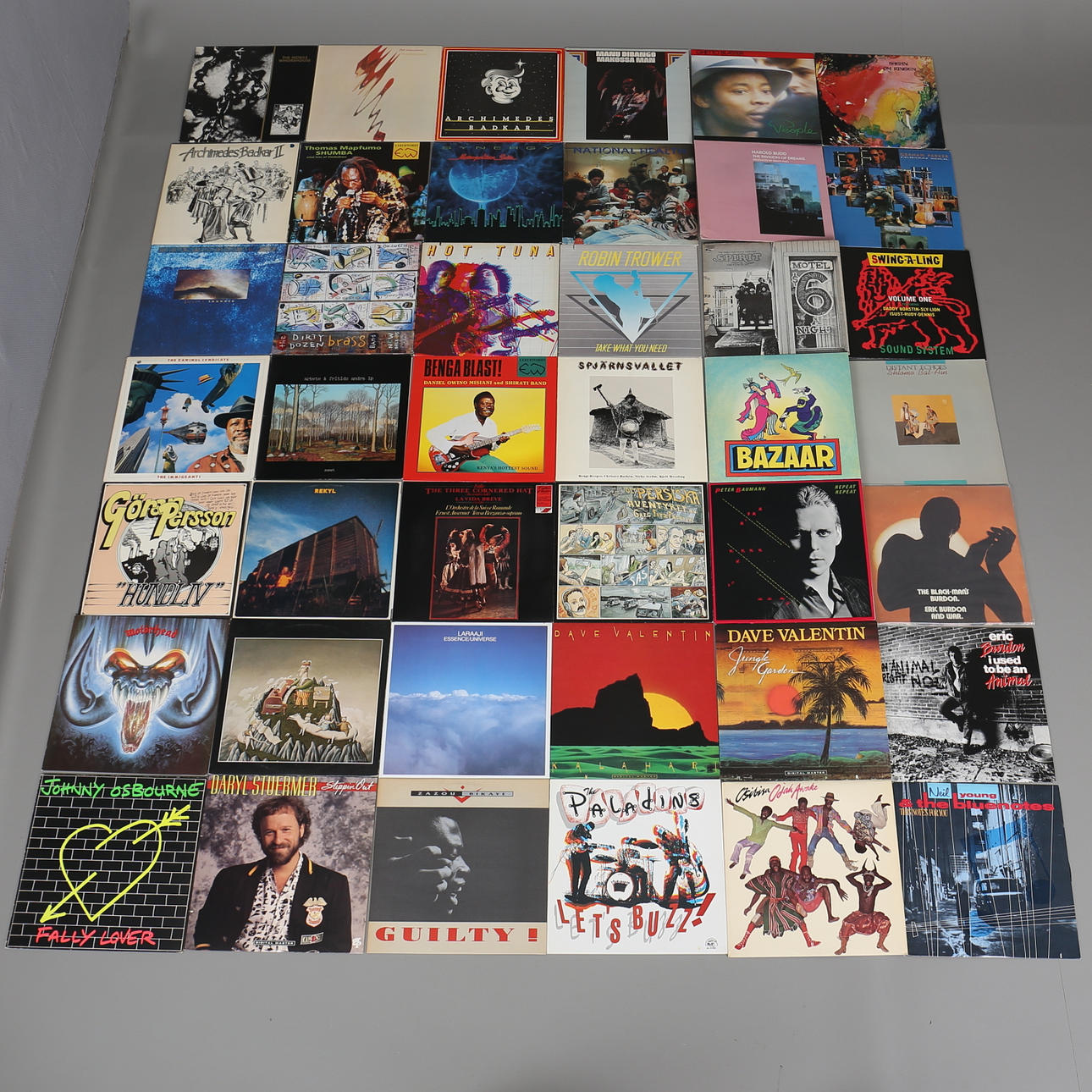 PARTI LP-SKIVOR. 42 st. Bl a Thomas Mapfumo, Phil Manzanera, The Mobile Whorehouse. 1900-talets andra hälft.