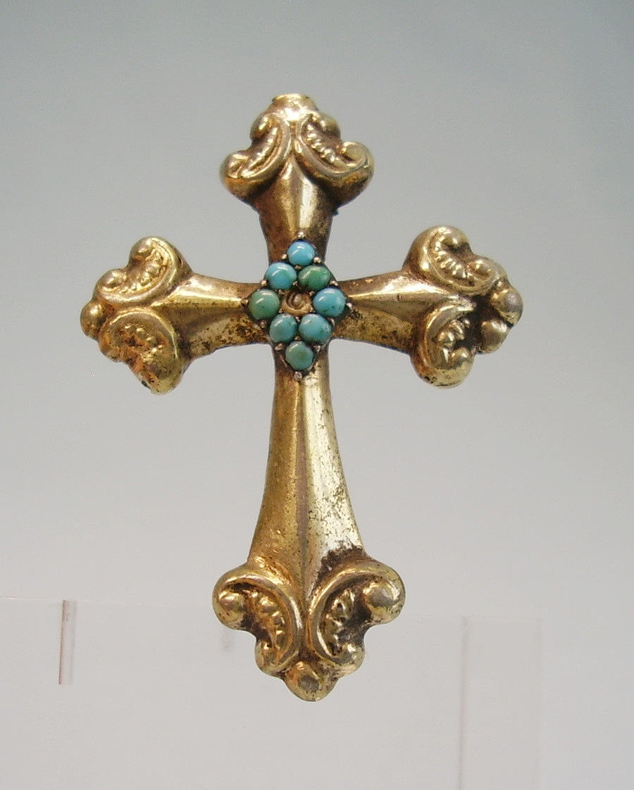 BIEDERMEIER BROSCHE TÜRKIS KREUZ-BROSCHE.
