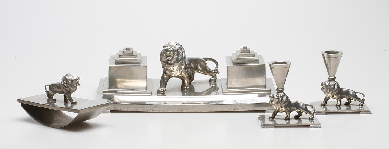 SKRIVBORDSUPPSATS, tenn, 4 delar, SG A-B SVENSKT TENN SVEDBOMS GULDSMED AB 1937.