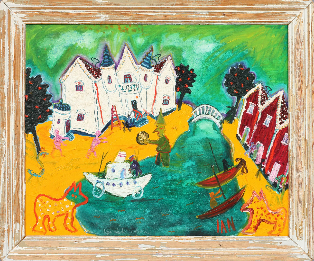 IAN RUSTH. "Pappa hämtar badbollen", olja på duk, signerad.