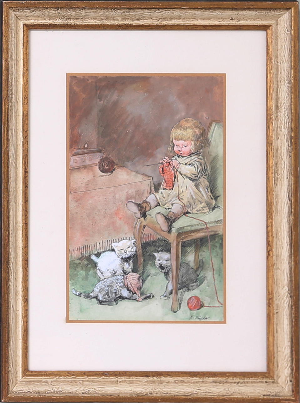 ROBERT HÖGFELDT. Flickan med katterna, akvarell, signerad.