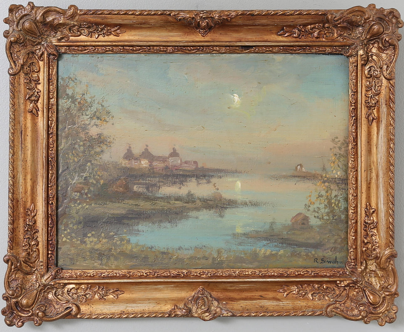 RAGNAR SWAHN. Vy över Kalmar slott från Stensö, olja på duk, signerad.