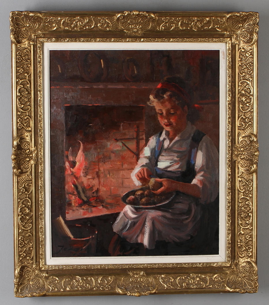 TORALF JERGILL. flicka vid brasa, olja på duk, signerad.
