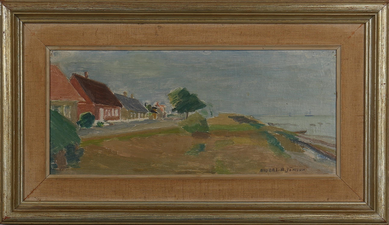 ANDERS A JÖNSSON. Olja på pannå. Kustbild med hus. Signerad Anders. A. Jönsson.