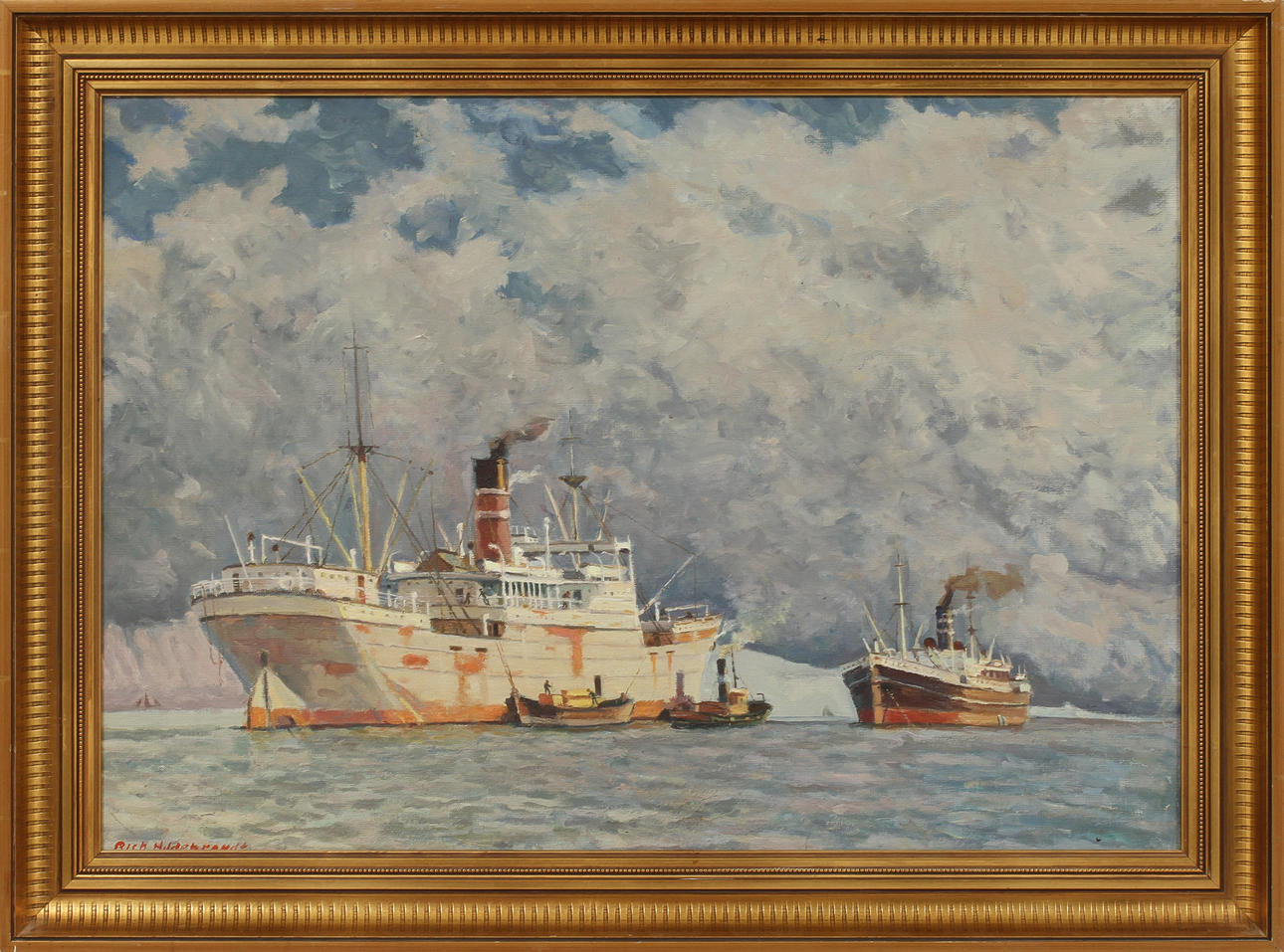 RIKARD HILDEBRANDT. Marint motiv med fartyg, olja på duk, signerad.