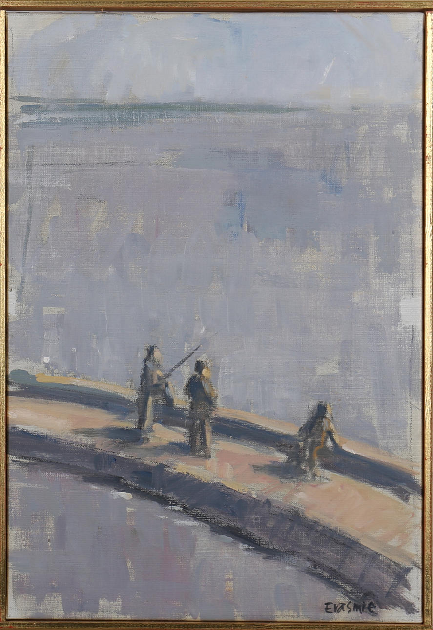 TORSTEN ERASMIE. "Fiskare på kajen, Nida. Olja på duk. Signerad Erasmie.