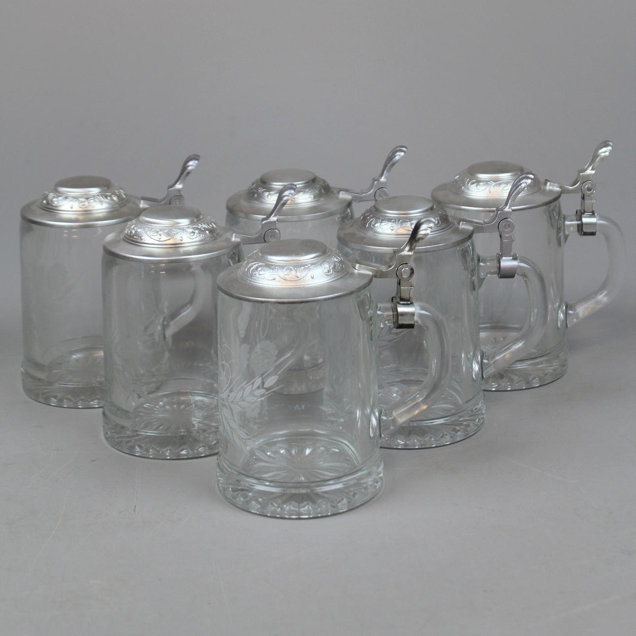 ÖLSTOP, 6 st, glas, tennlock, Alwe, 1900-tal.