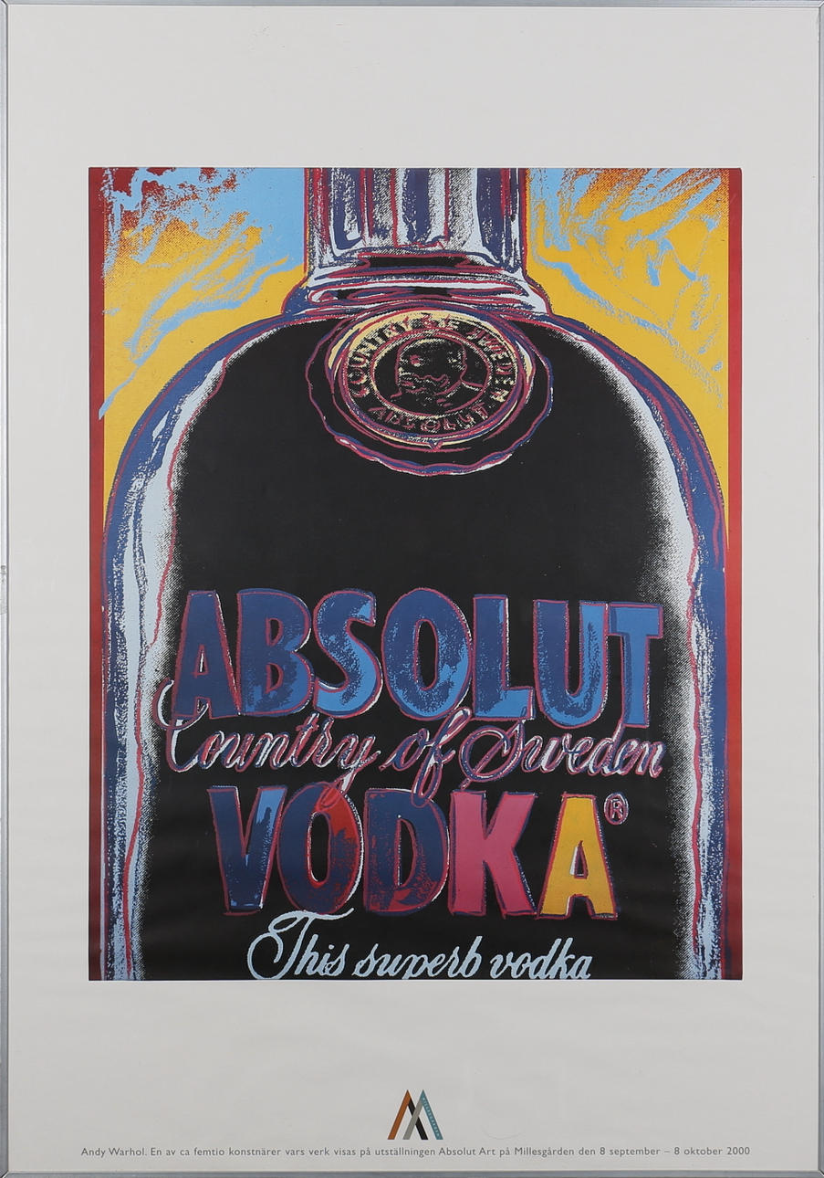 ANDY WARHOL. Utställningsaffisch. Offsettryck. Absolut Vodka. Absolut Art på Millesgården. 2000.