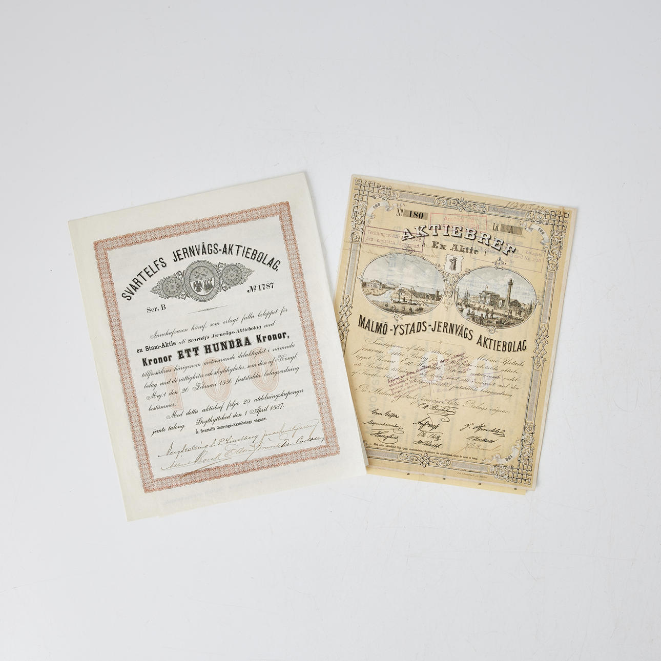 EISENBAHNAKTIEN, 2 Stk. u.a. Malmö-Ystads-Jernvägs AB.