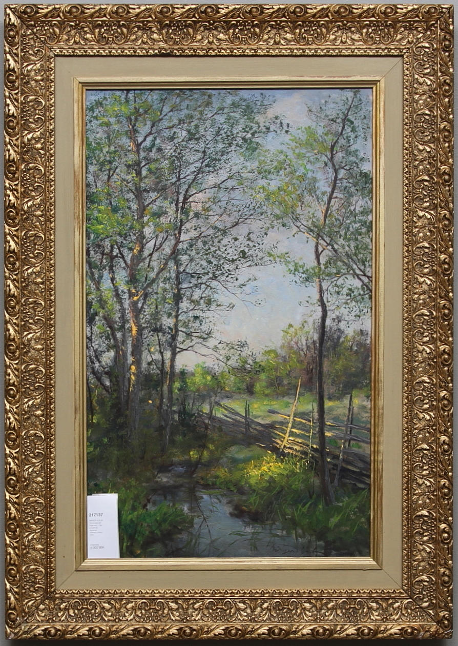 BIRGER HJELM. "Sommarkväll i Stjärnorp". Olja på pannå, signerad, daterad a tergo 1955.