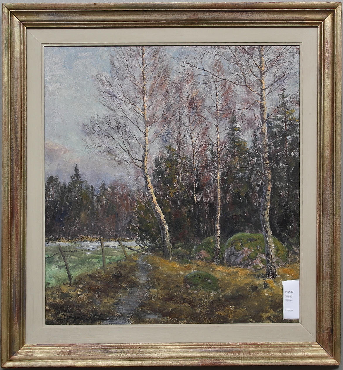 BIRGER HJELM. "Vårkväll Narv". Olja på pannå, signerad, daterad a tergo 1954.