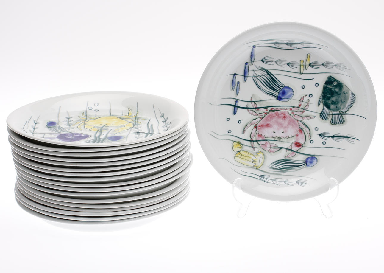 TALLRIKAR, 18 st, flintgods, "Crayfish", Kaj Franck/Anja Juurikkala, Arabia, 1960-tal.