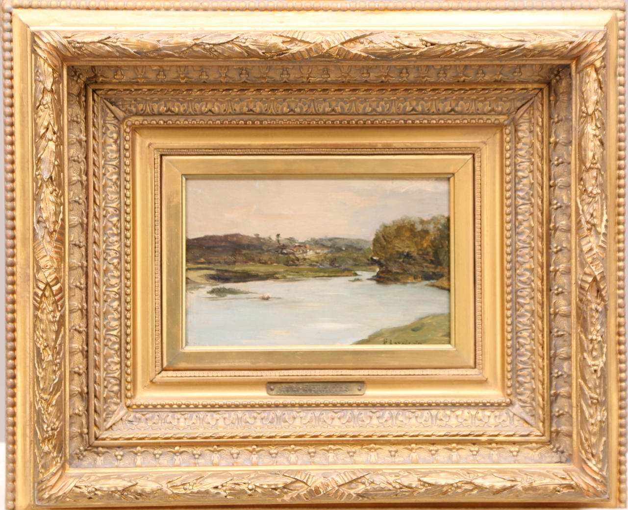 HENRI JOSEPH HARPIGNIES. olja på träskiva, signerad H.Harpignies, 18/1900-tal, Sjölandskap.