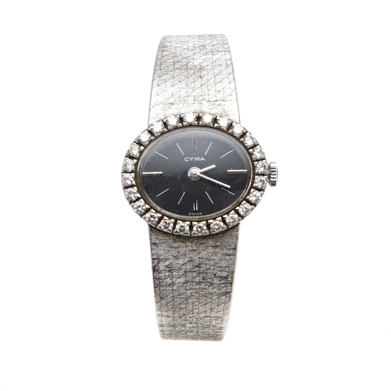 DAMARMBANDSUR, Cyma, 18K vitguld samt 24 diamanter, totalt ca 0,6 ct. Vikt 37,5g.