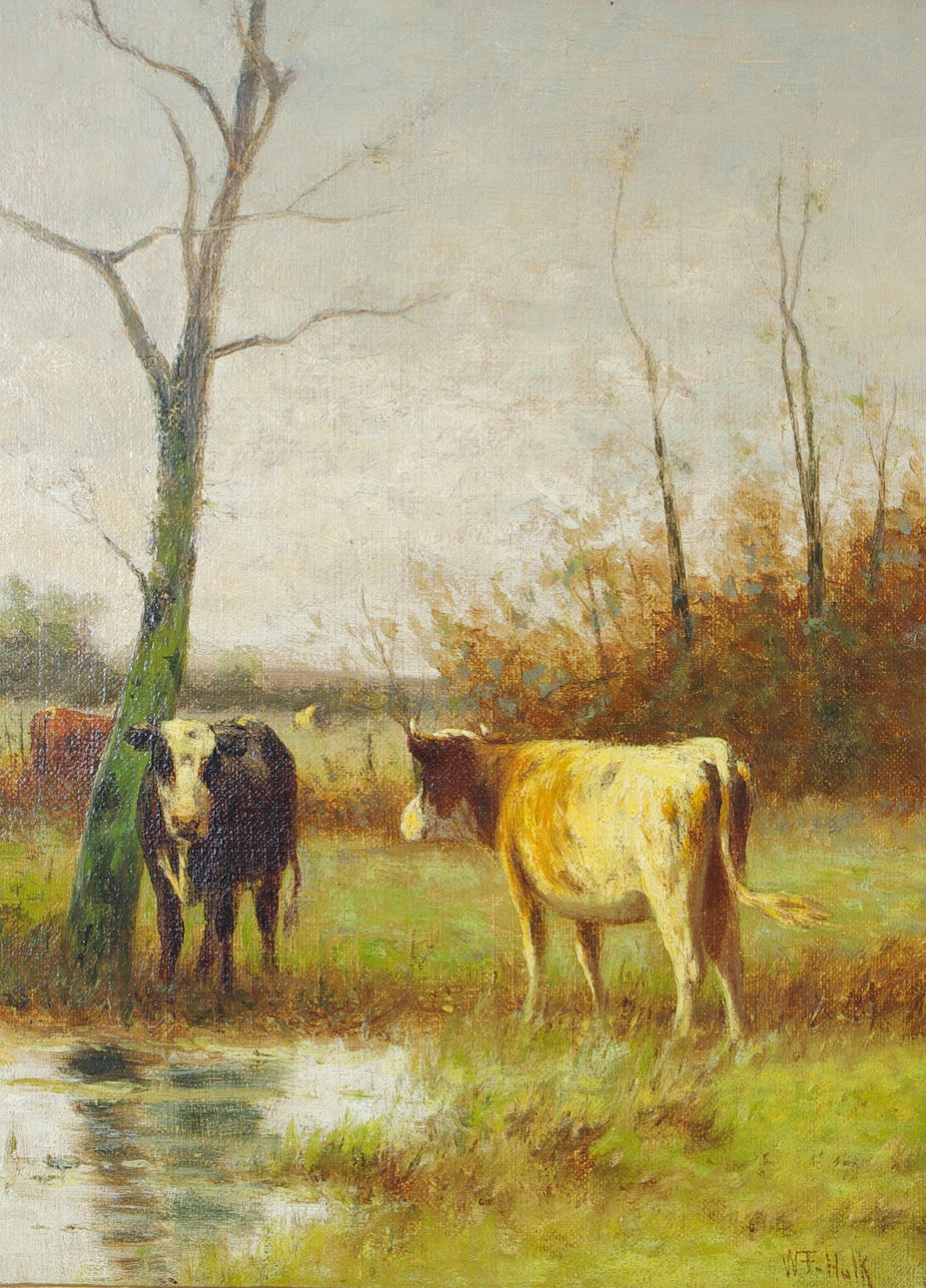 WILLIAM FREDERICK HULK. Kor vid vatten, olja på duk, signerade W.F. Hulk.