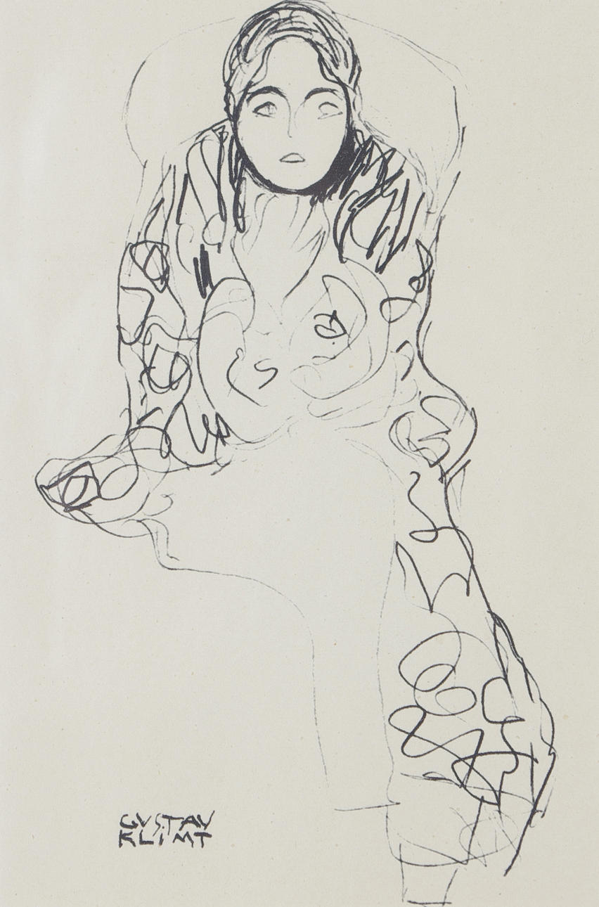 GUSTAV KLIMT. Kvinna, antikvariskt litografi efter handteckning.