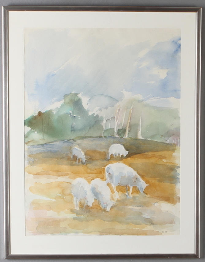 KRISTINA JANSSON. "Får i Roslagen", akvarell, monogramsignerad KJ samt daterad -84.