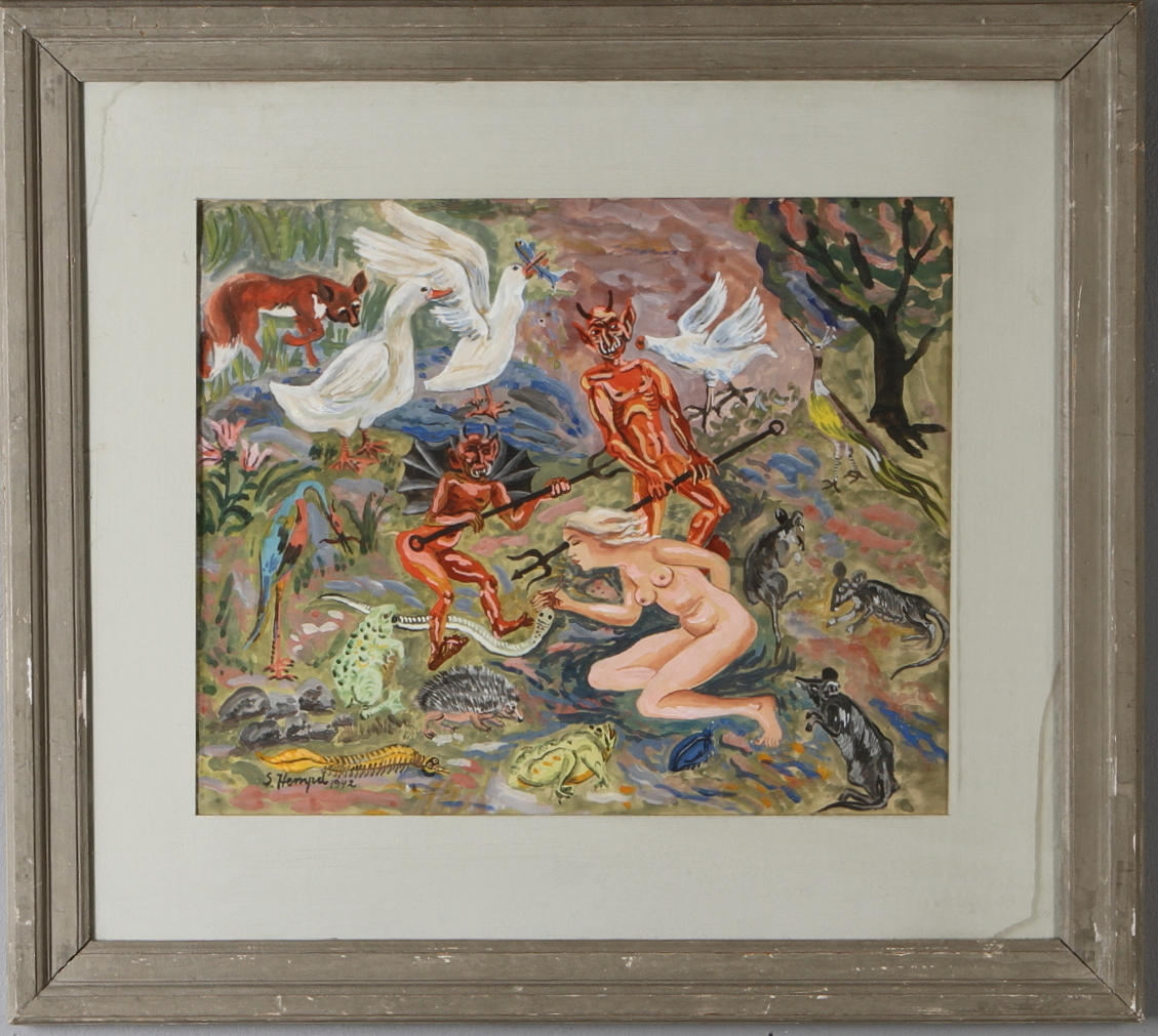 SVEN HILDING HEMPEL. Komposition med djävular, blandteknik, signerad samt daterad 1942-.